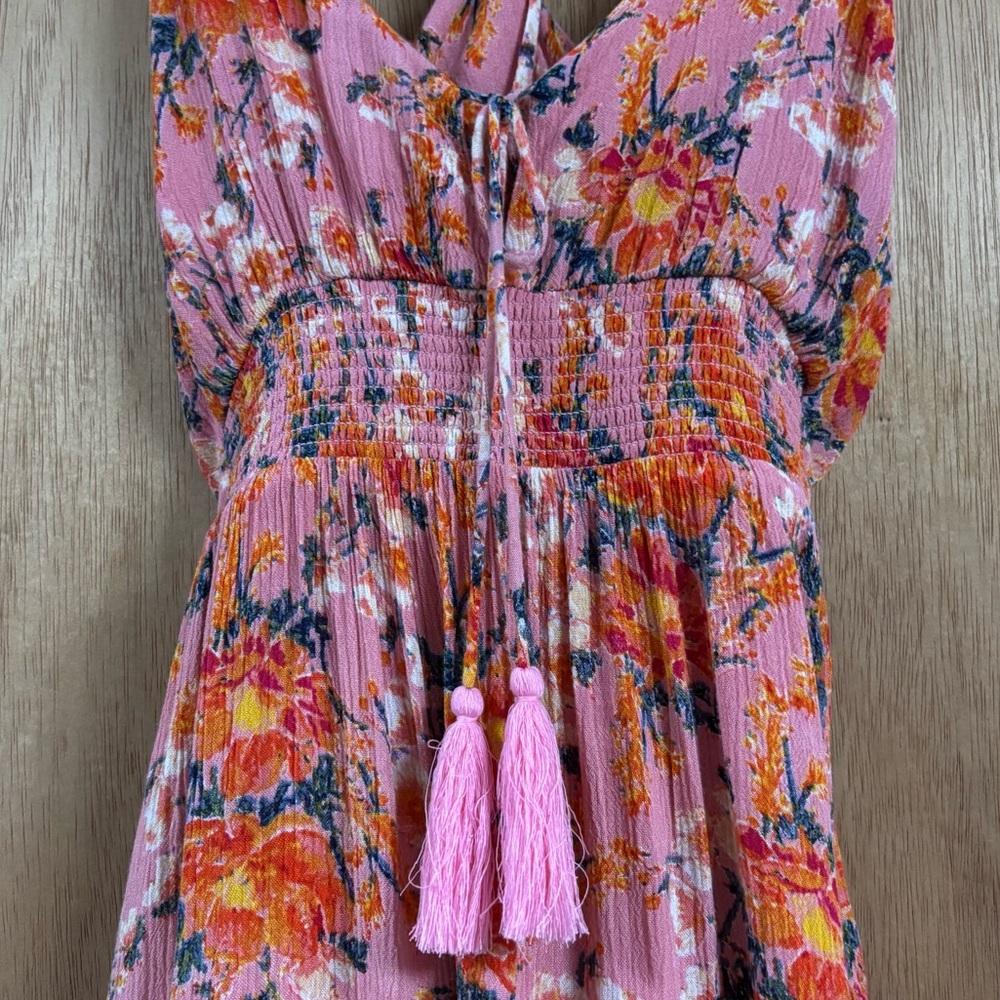 FREE PEOPLE Floral MINI DRESS with Tassels! Flirty Girly Boho Smocked Coral Pink - Picture 3 of 7